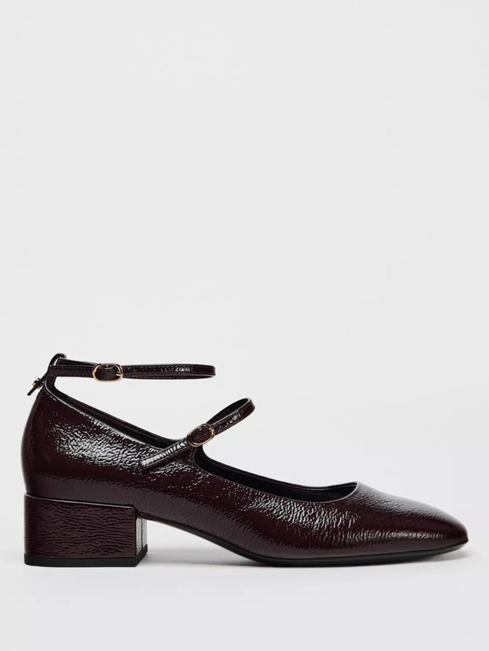 Zara Patent Double-Strap Block Heel Pumps - Deep Burgundy